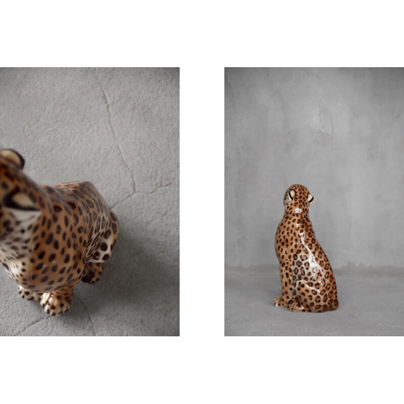 Modern ceramic sculpture of a sitting leopard, Italy 1970
