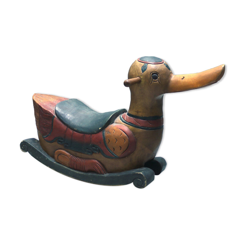 Vintage Indonesian hand carved hand painted solid wood rocking duck, Indonesian 1980s