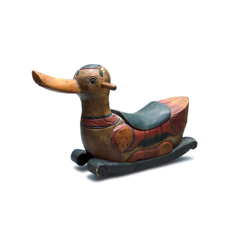 Vintage Indonesian hand carved hand painted solid wood rocking duck, Indonesian 1980s