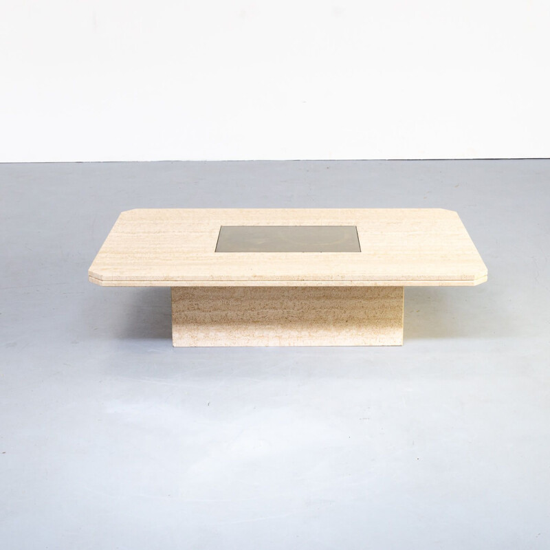 Vintage travertine and brass coffee table by George Mathias for Maho, France 1970