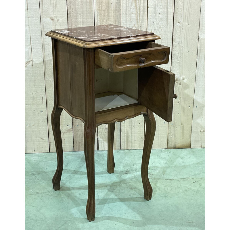 Vintage Louis XV walnut bedside table with marble top 1930s