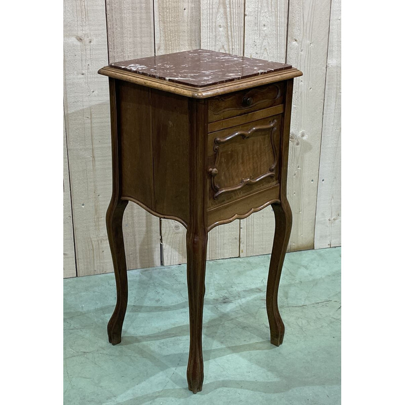 Vintage Louis XV walnut bedside table with marble top 1930s