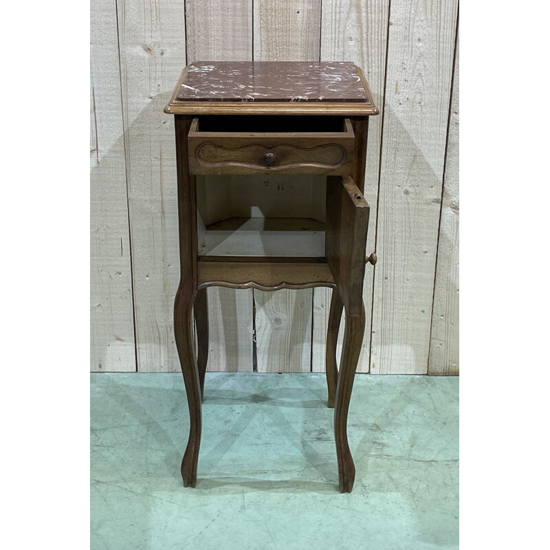 Vintage Louis XV walnut bedside table with marble top 1930s