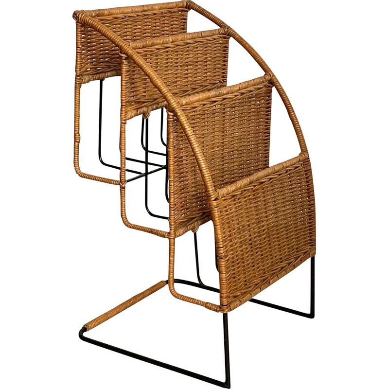 Vintage magazine rack in black lacquered metal and rattan by Raoul Guys, France 1950s