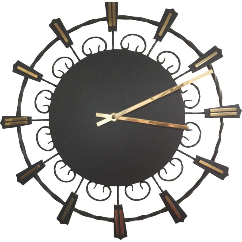 Vintage black & gold Electronic metal wall clock by Junghans, Germany 1960s