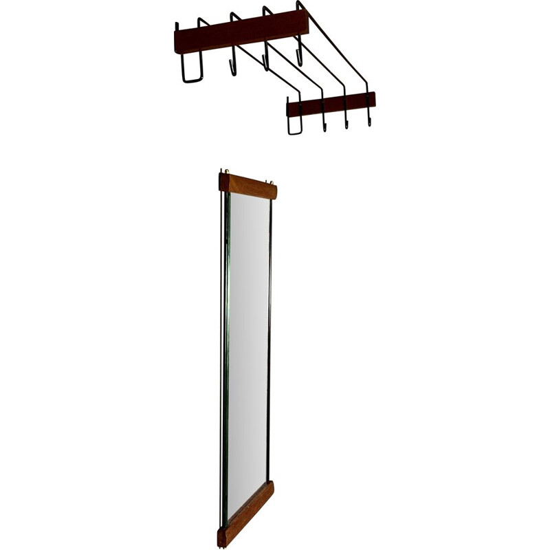 Vintage teak and metal coat rack and mirror, Scandinavian 1950s