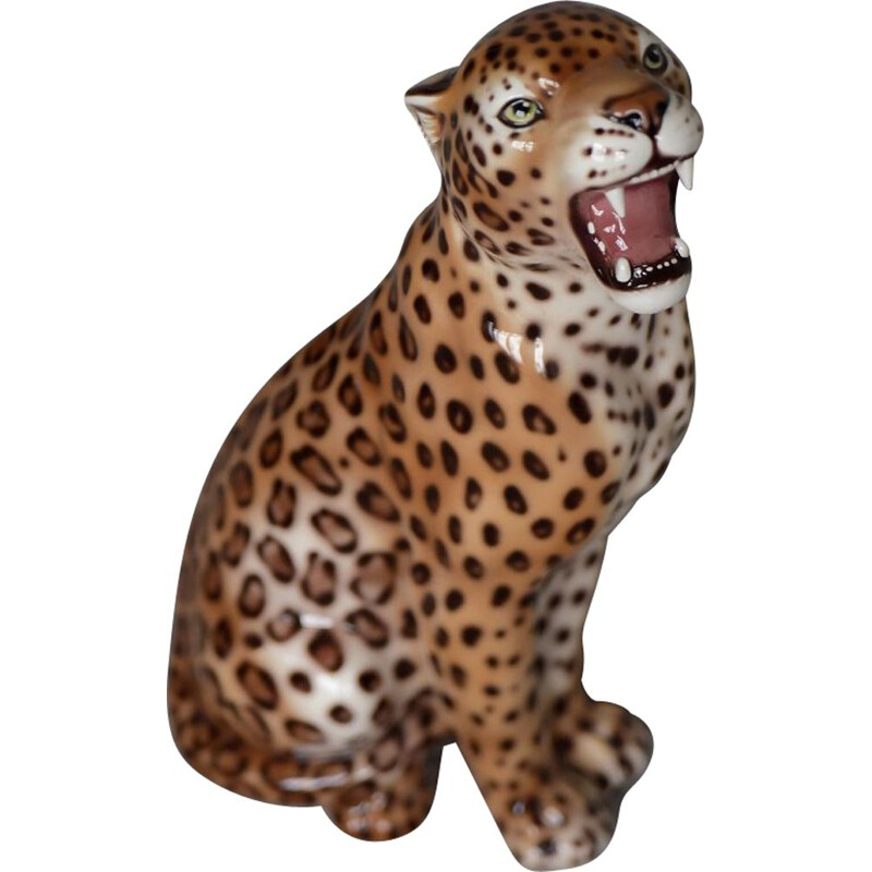 Modern ceramic sculpture of a sitting leopard, Italy 1970