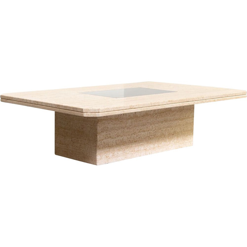 Vintage travertine and brass coffee table by George Mathias for Maho, France 1970