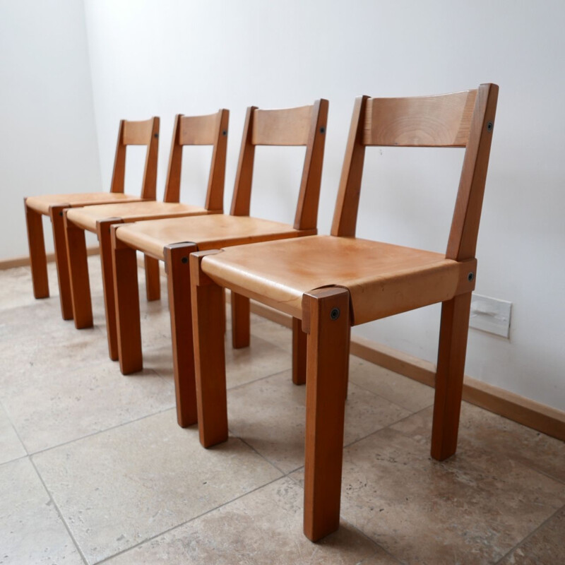 Set of 4 vintage S24 Elm and Leather Dining Chairs by Pierre Chapo, French 1970s