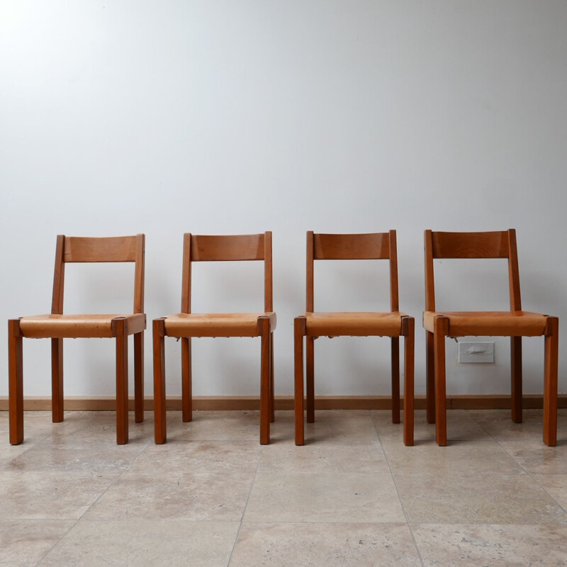 Set of 4 vintage S24 Elm and Leather Dining Chairs by Pierre Chapo, French 1970s