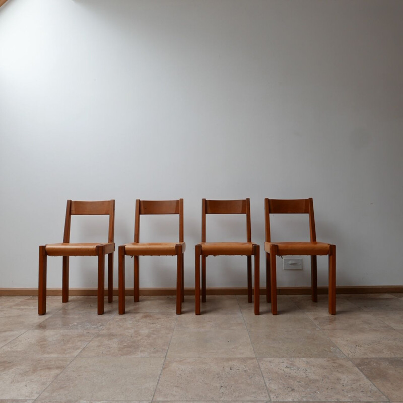 Set of 4 vintage S24 Elm and Leather Dining Chairs by Pierre Chapo, French 1970s