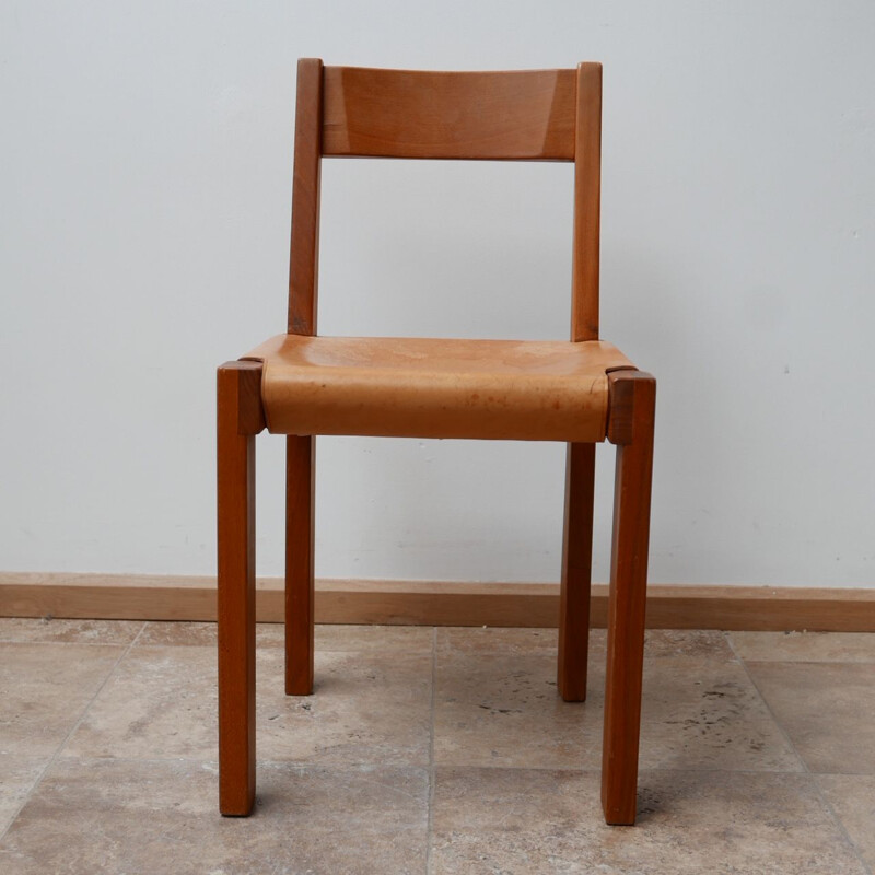 Set of 4 vintage S24 Elm and Leather Dining Chairs by Pierre Chapo, French 1970s