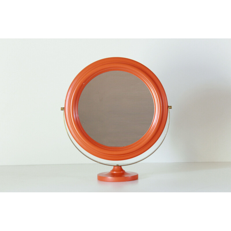 Miroir vintage en bois orange et laiton 1960