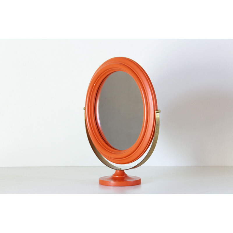 Miroir vintage en bois orange et laiton 1960