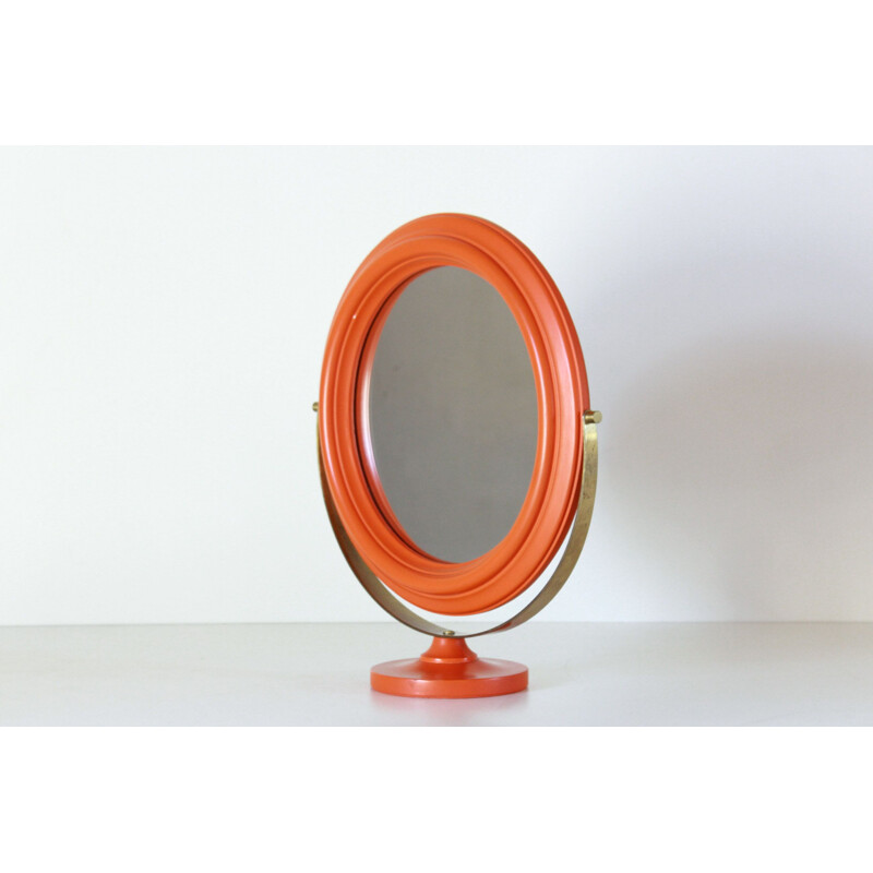 Vintage orange wood and brass mirror 1960s