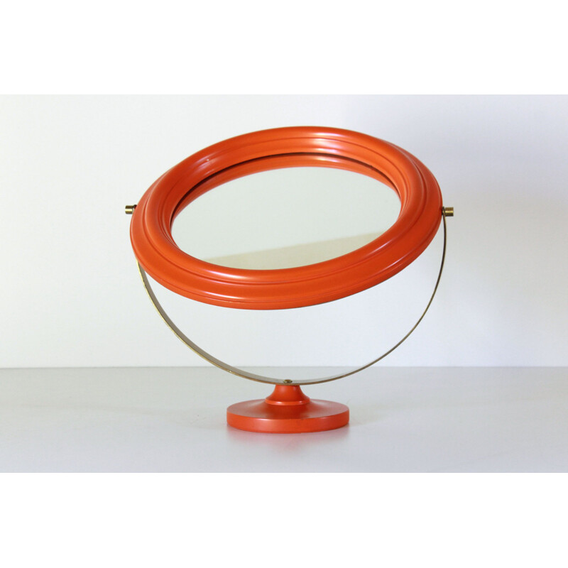 Miroir vintage en bois orange et laiton 1960