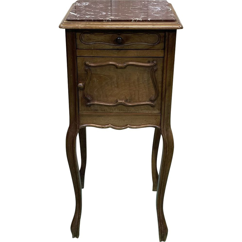 Vintage Louis XV walnut bedside table with marble top 1930s