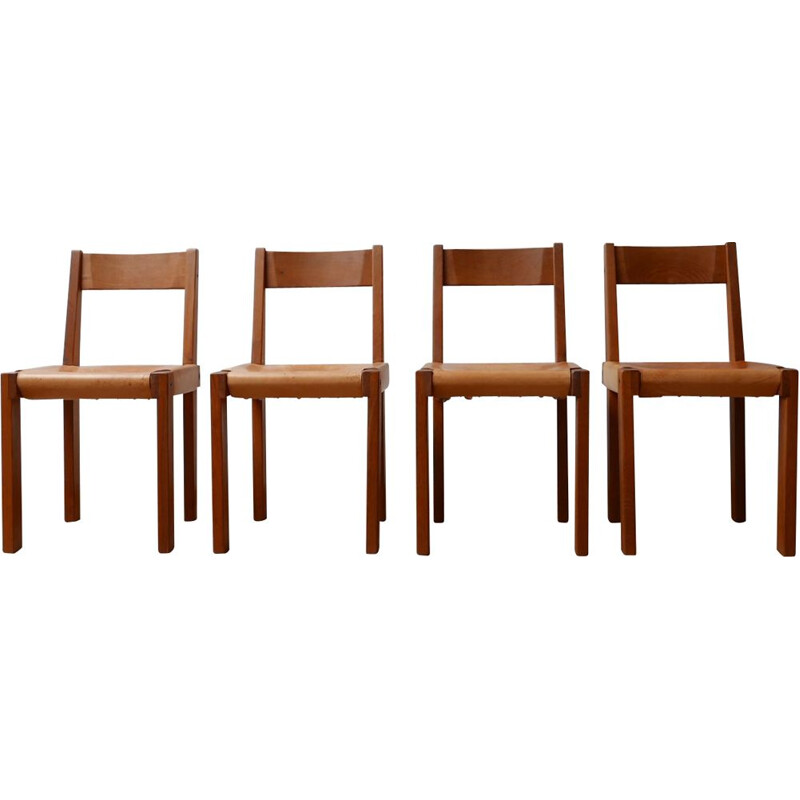 Set of 4 vintage S24 Elm and Leather Dining Chairs by Pierre Chapo, French 1970s