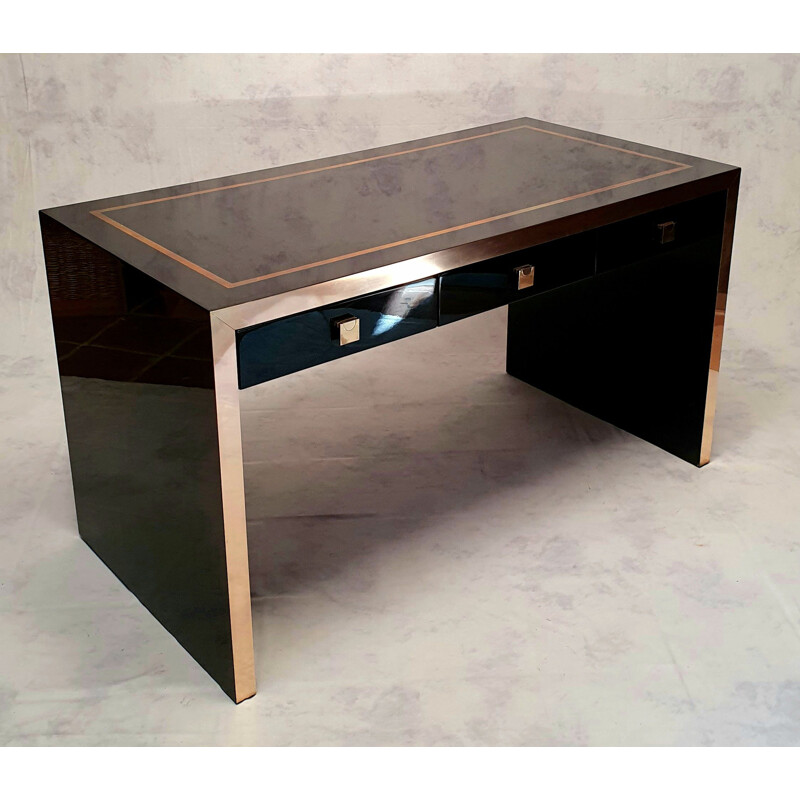 Vintage Lacquered Wood & Brass Desk by Jean Claude Mahey 1970s