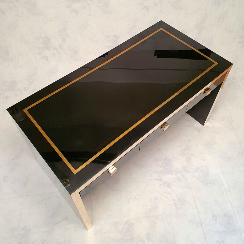 Vintage Lacquered Wood & Brass Desk by Jean Claude Mahey 1970s