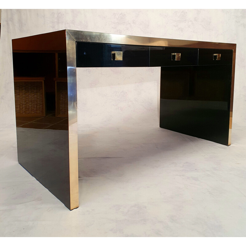 Vintage Lacquered Wood & Brass Desk by Jean Claude Mahey 1970s