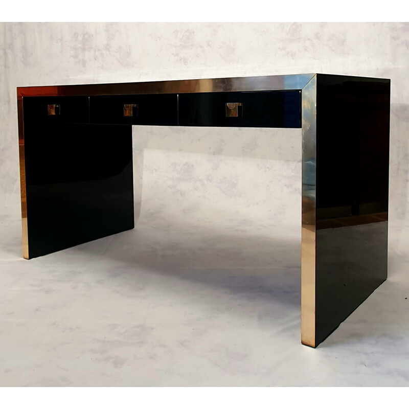 Vintage Lacquered Wood & Brass Desk by Jean Claude Mahey 1970s