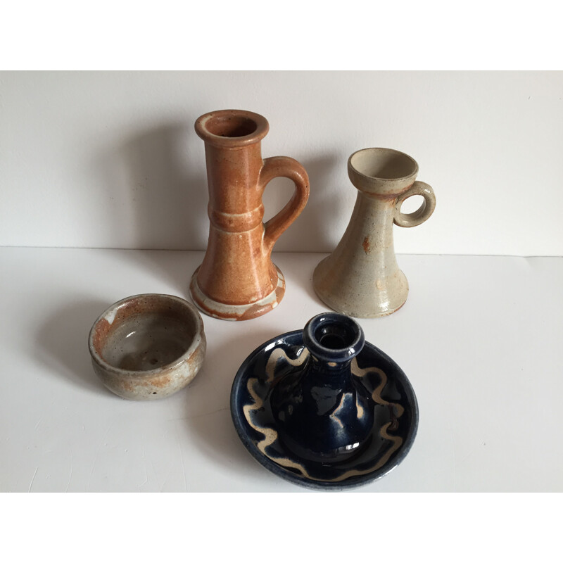 Set of vintage stoneware candle holders