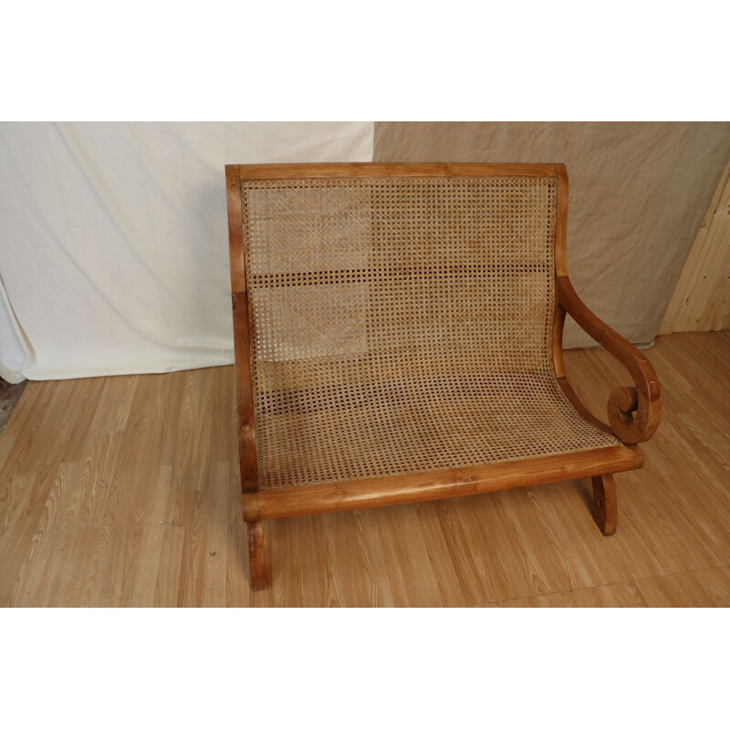 Vintage bench in solid wood and cane