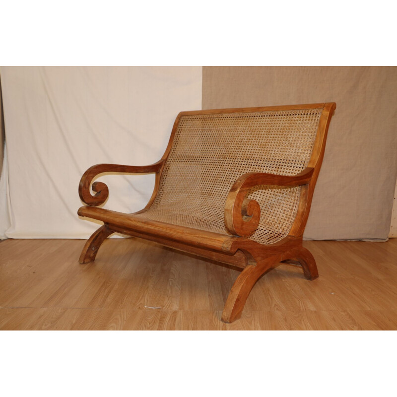 Vintage bench in solid wood and cane
