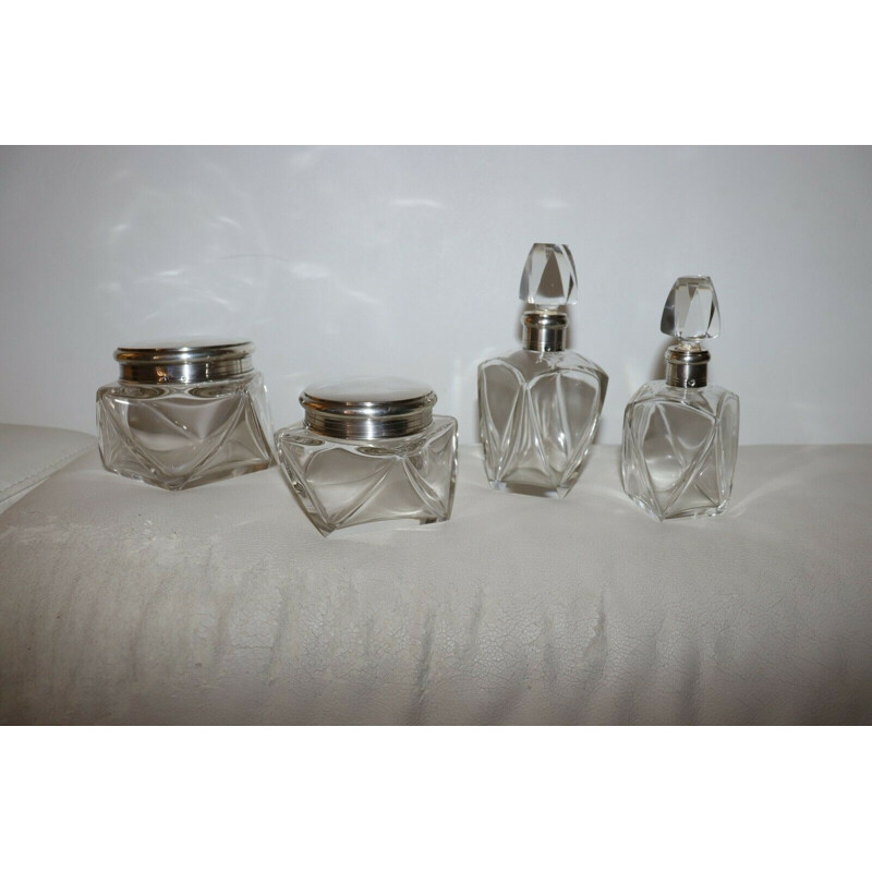 Vintage crystal and silver toilet set