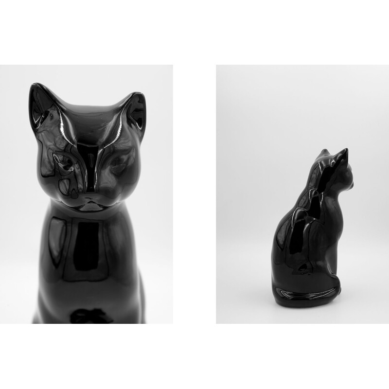 Sculpture vintage chat noir en céramique moderne 1970