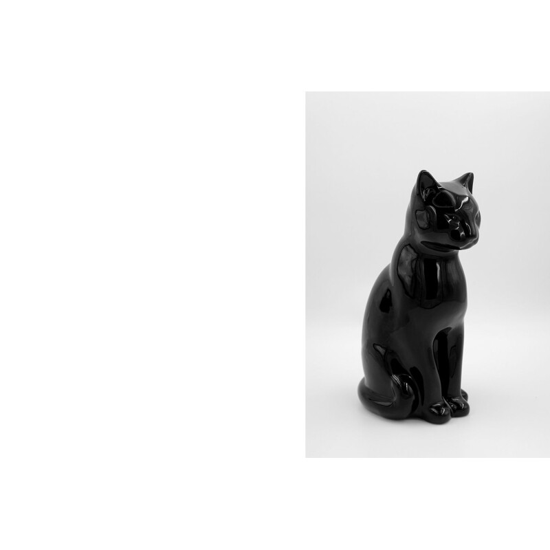 Sculpture vintage chat noir en céramique moderne 1970