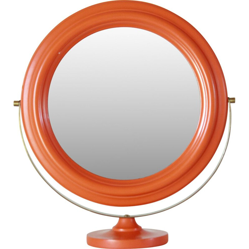 Miroir vintage en bois orange et laiton 1960