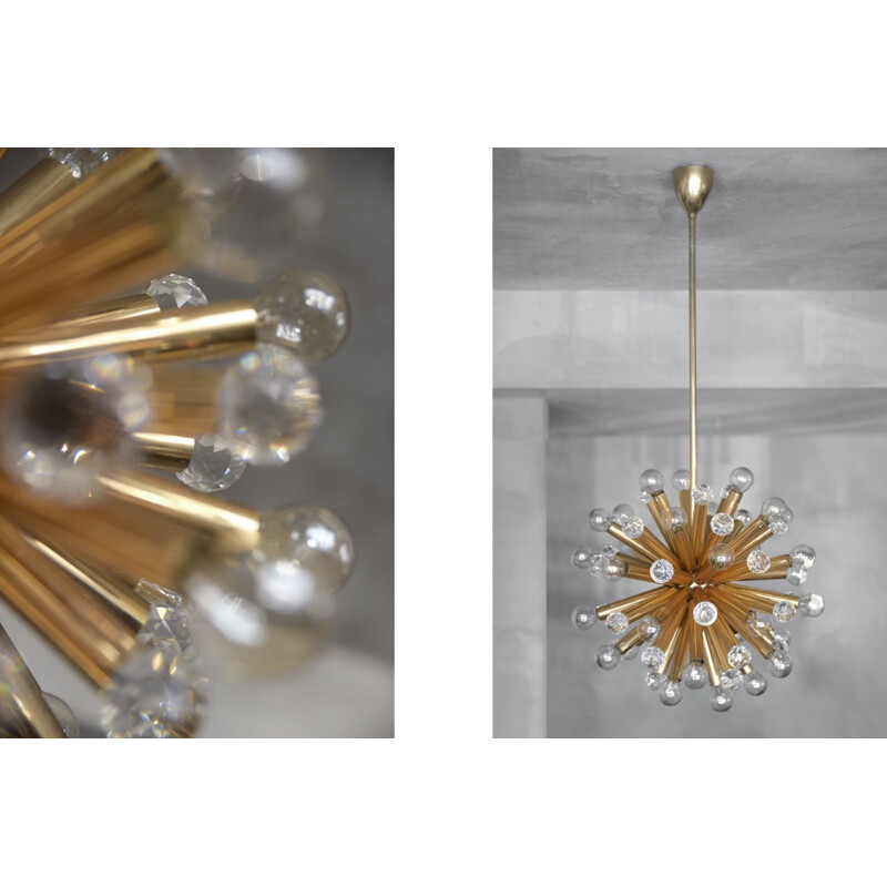 Lampadario vintage in ottone dorato con sfere swarovski per Ernst Palme, Germania 1960