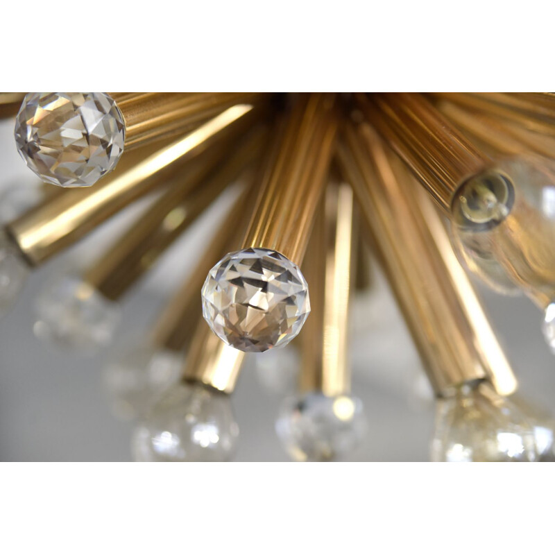 Vintage gilded brass chandelier with swarovski balls for Ernst Palme, Germany 1960