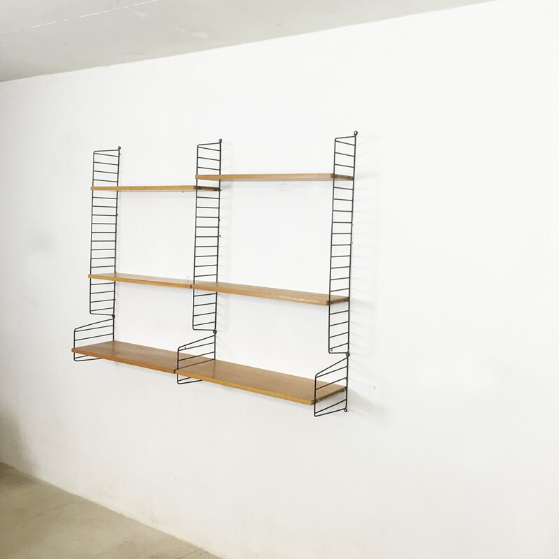 Scandinavian String wall unit in elm and metal, Nisse STRINNING - 1960s