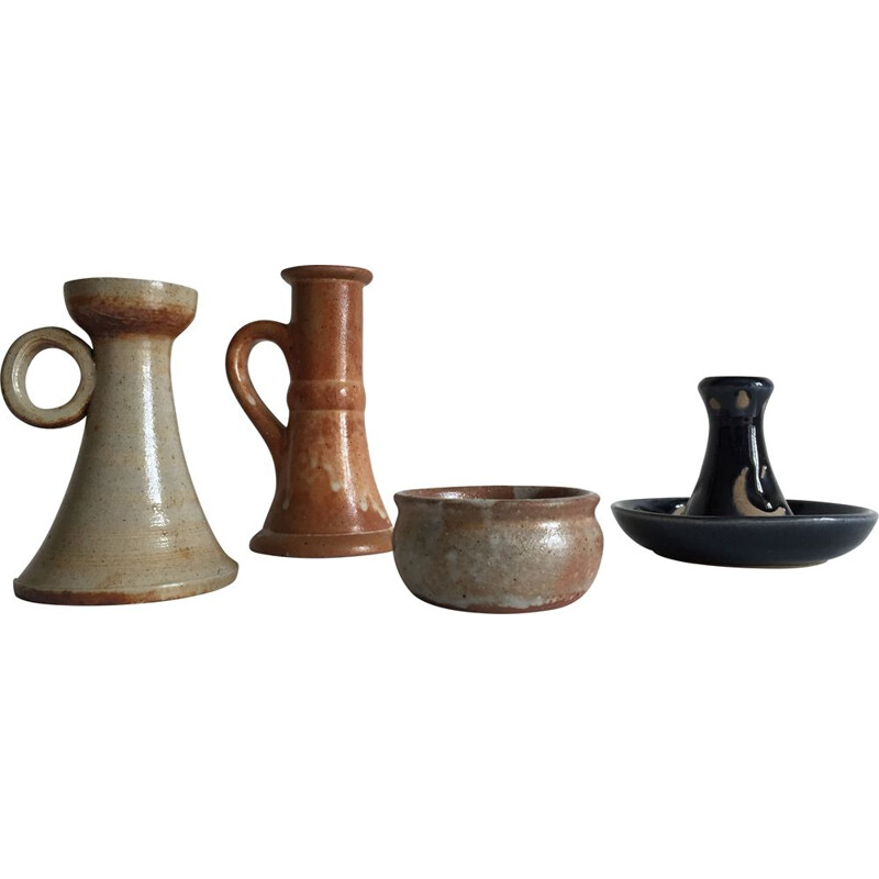 Set of vintage stoneware candle holders