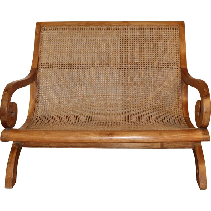 Vintage bench in solid wood and cane