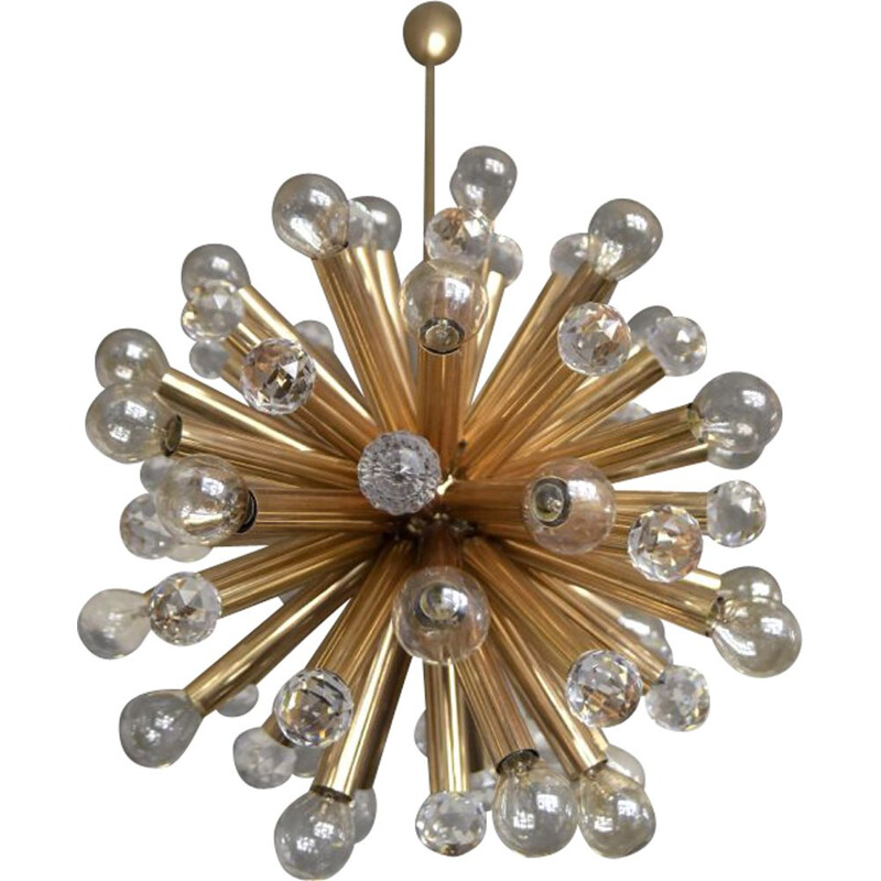 Vintage gilded brass chandelier with swarovski balls for Ernst Palme, Germany 1960