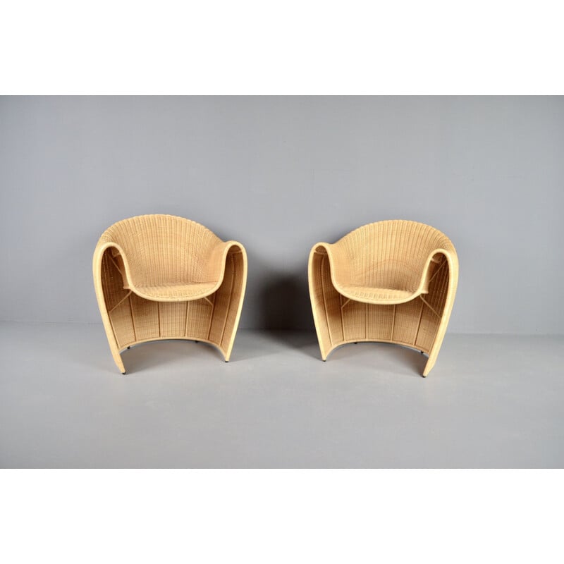 Pair of Vintage Driade King Tubby rattan armchairs by Miki Astori
