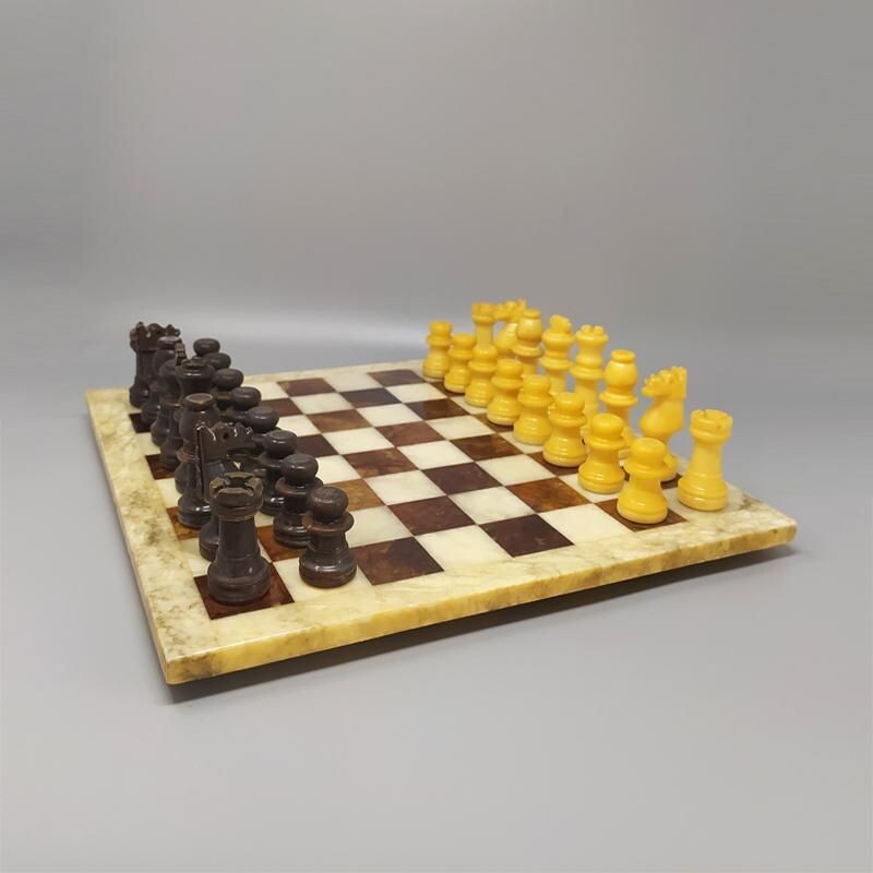 Jeu d'échecs vintage en albâtre de Volterra fait à la main Italien 1960