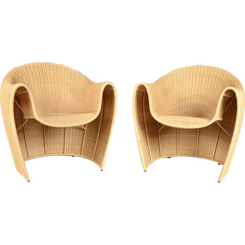 Pair of Vintage Driade King Tubby rattan armchairs by Miki Astori