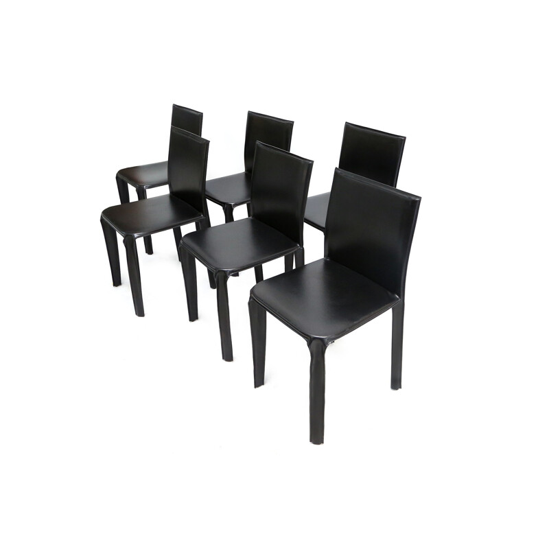 Suite de 6 chaises de table Arper en cuir noir - 1970