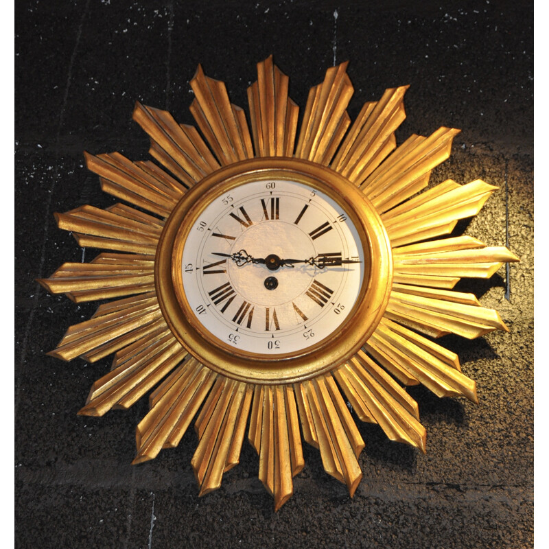 Mid-century sun wall clock in gold colored wood - 1950s
