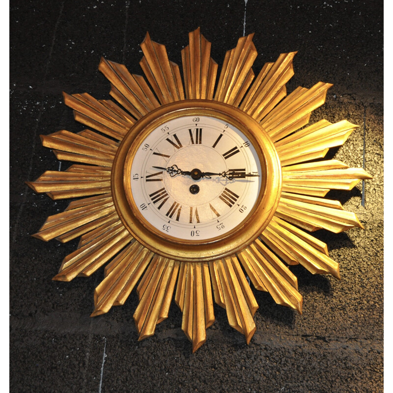 Mid-century sun wall clock in gold colored wood - 1950s