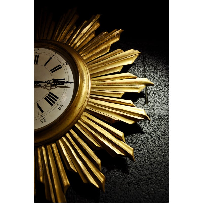 Mid-century sun wall clock in gold colored wood - 1950s