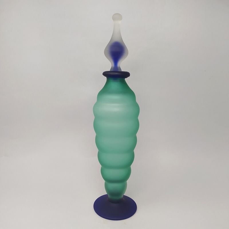 Bottiglia vintage in vetro di Murano verde e blu di Michielott 1970