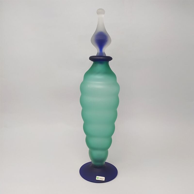 Bottiglia vintage in vetro di Murano verde e blu di Michielott 1970