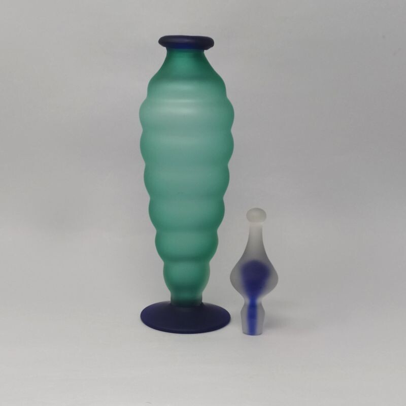 Botella vintage de cristal de Murano verde y azul de Michielott 1970