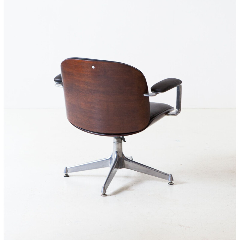 Vintage Leather and Mahogany Swivel Chair by Ico Parisi for MIM Roma, Italy 1960s